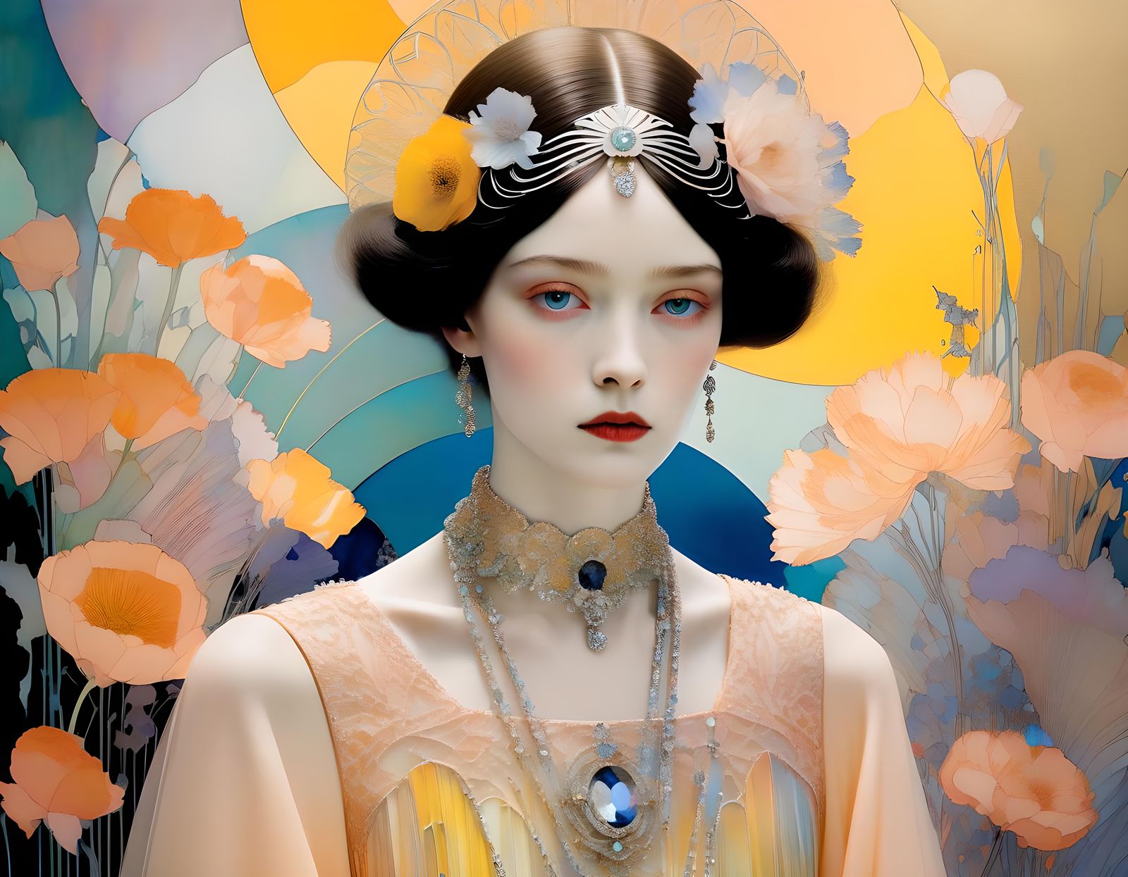 Elegant Art Nouveau Portrait in Pastel Peach Hues