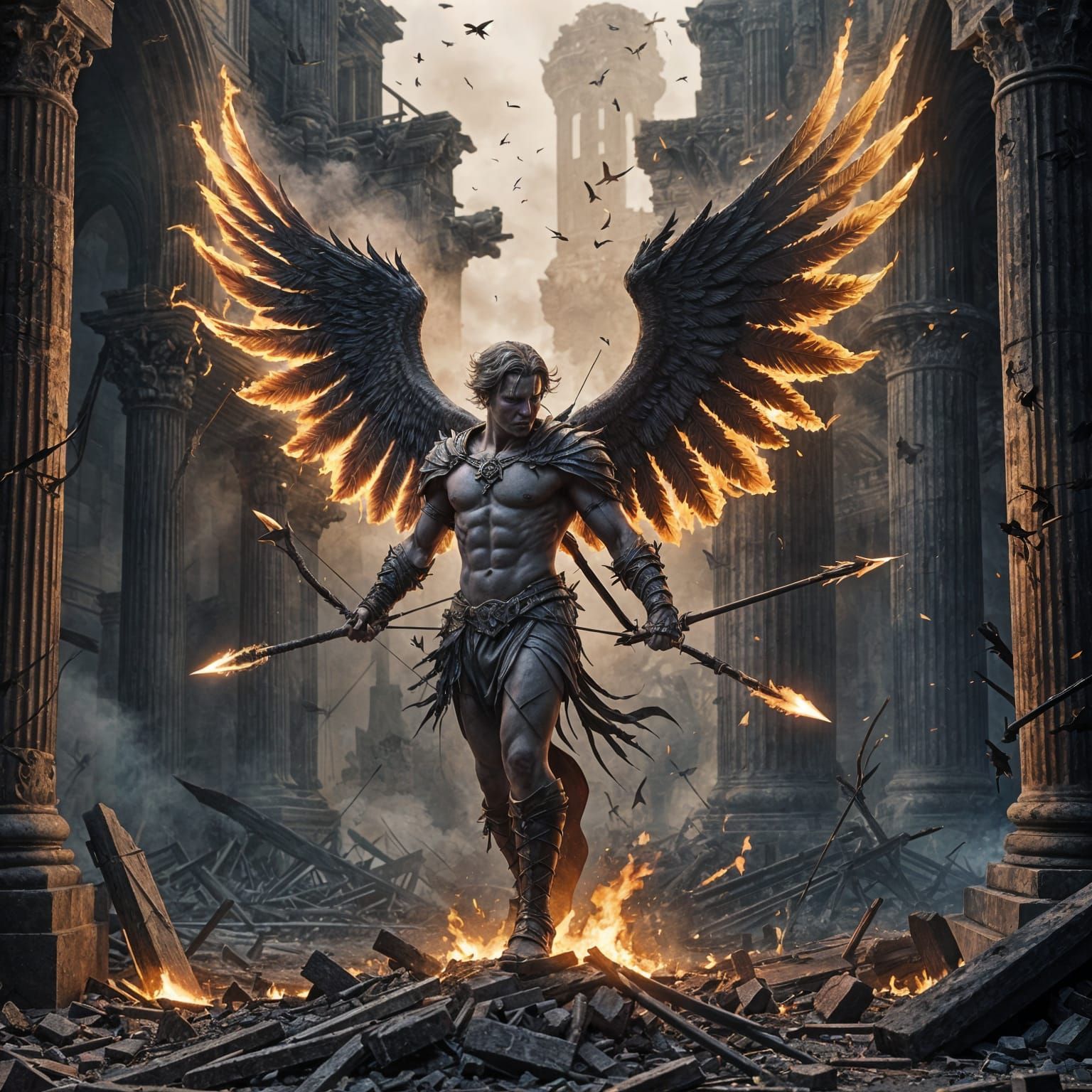 Malicious Dark Winged Cupid in a Ruined Temple