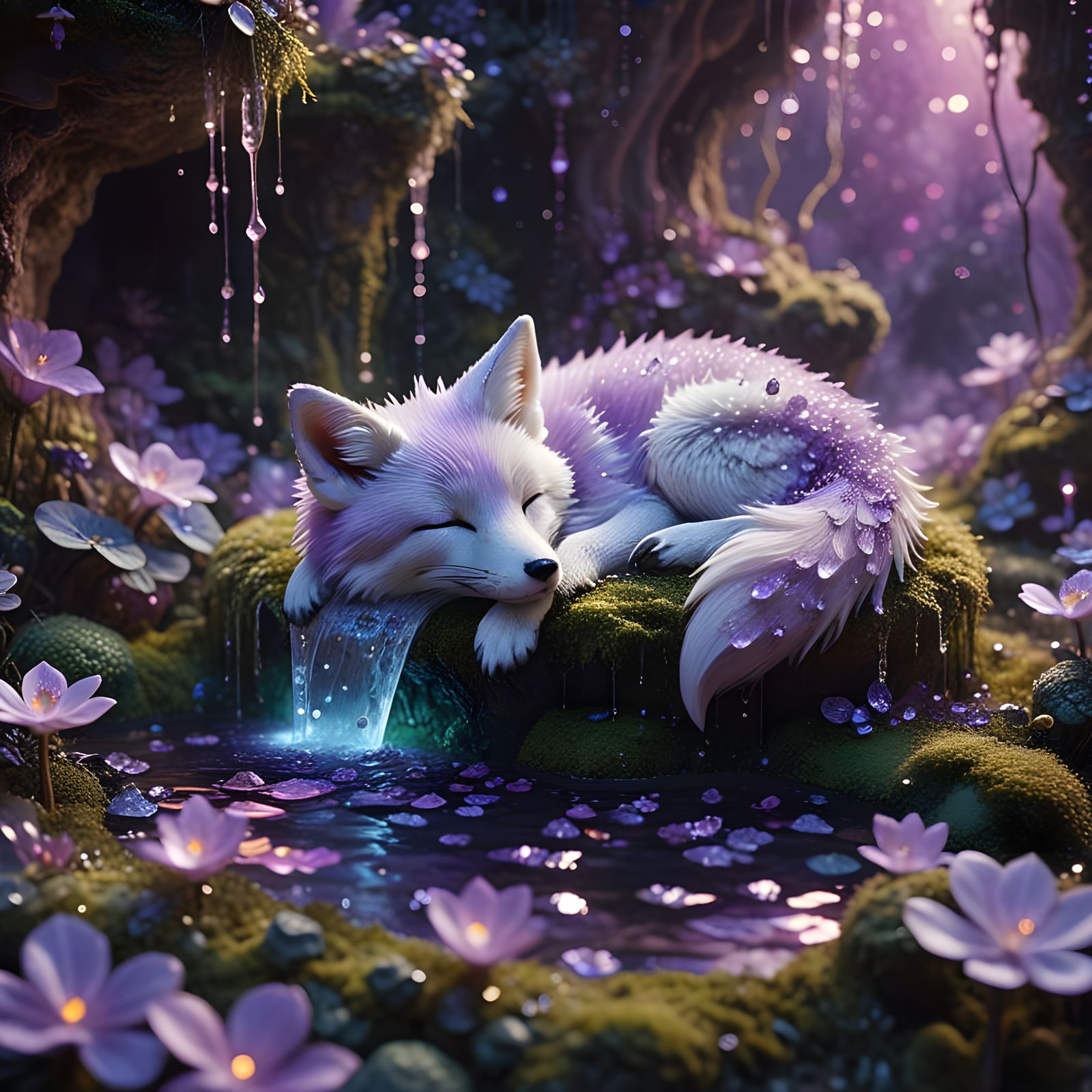 Crystal Fox Sleeping in Amethyst Fountain, Watercolor