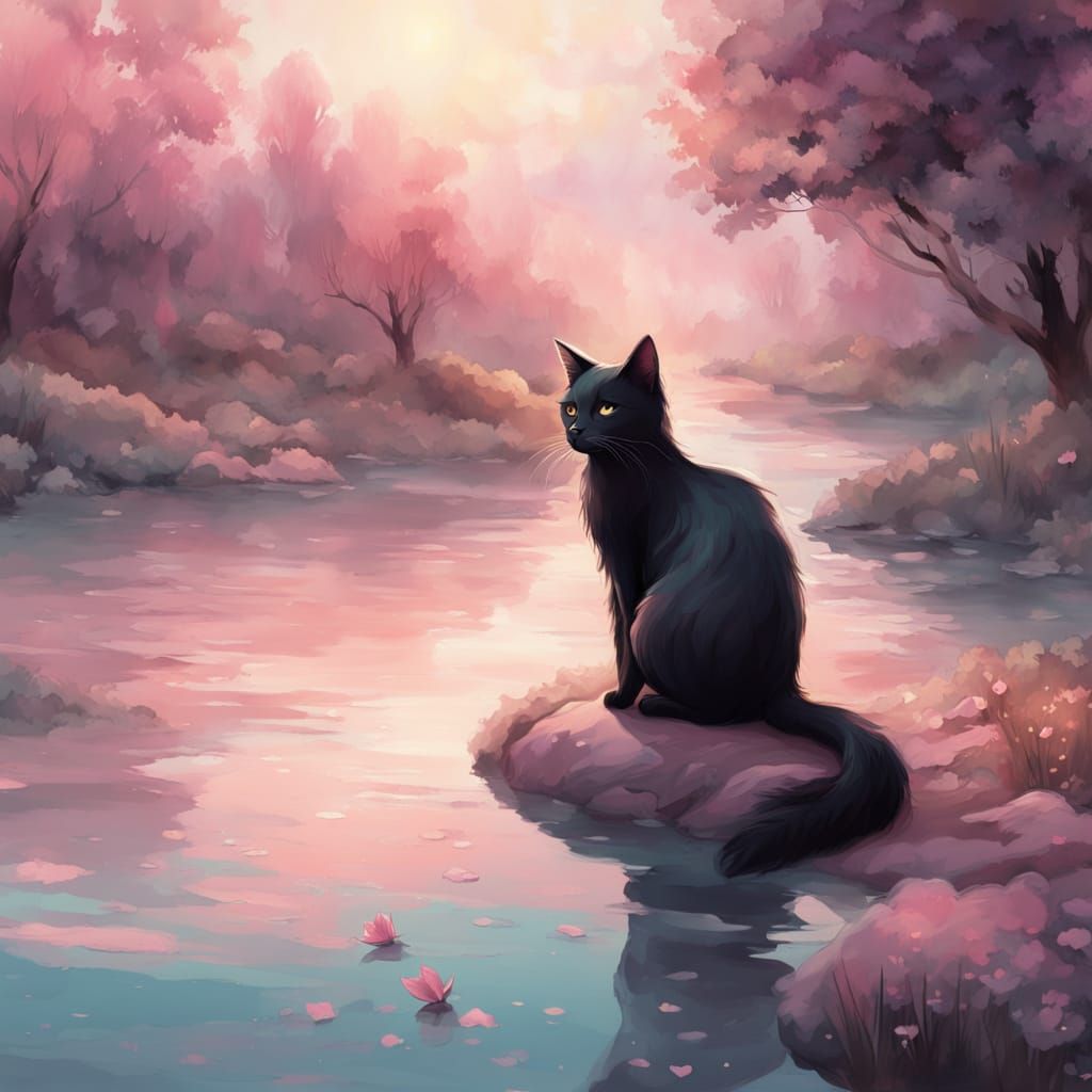 Dreamy Watercolor Scene of a Black Cat by a Serene River