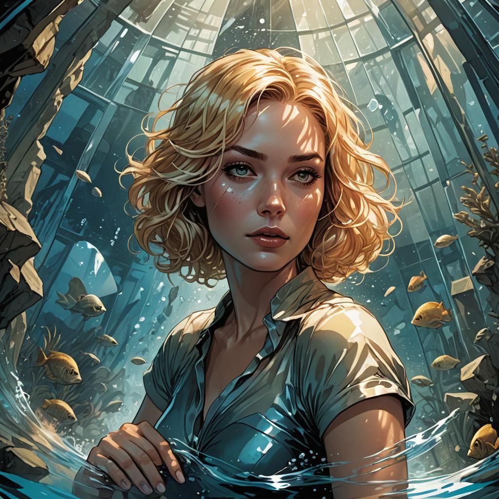 Girl in Underwater Glass Pyramid Scene, Inspired by Comic Bo...