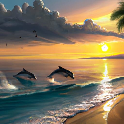 Tropical Beach Sunset with Dolphins: Digital Matte Painting