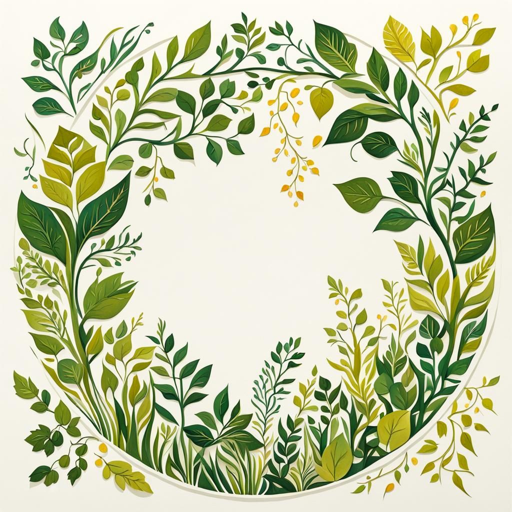 Paper-Cut Style Round Frame with Plants and Vines