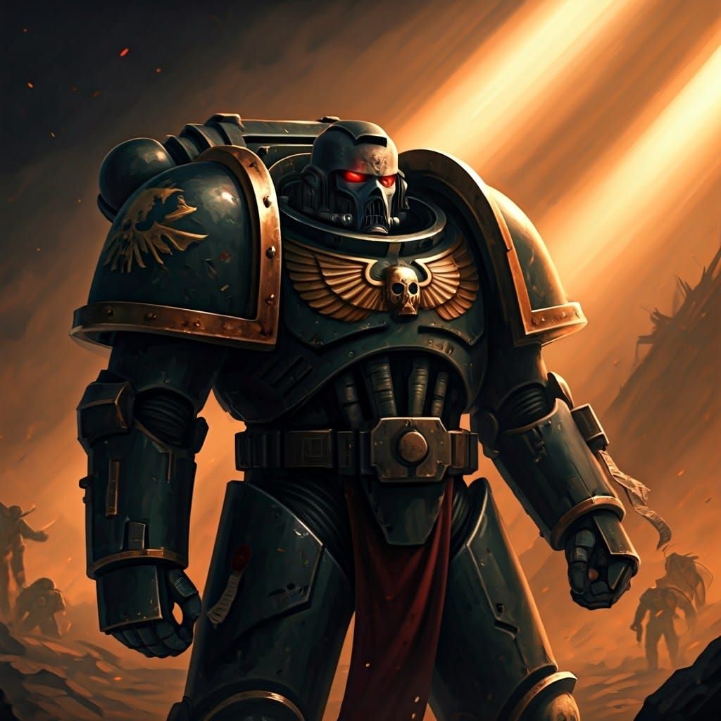 Heroic Figure in Power Armor on Battlefield