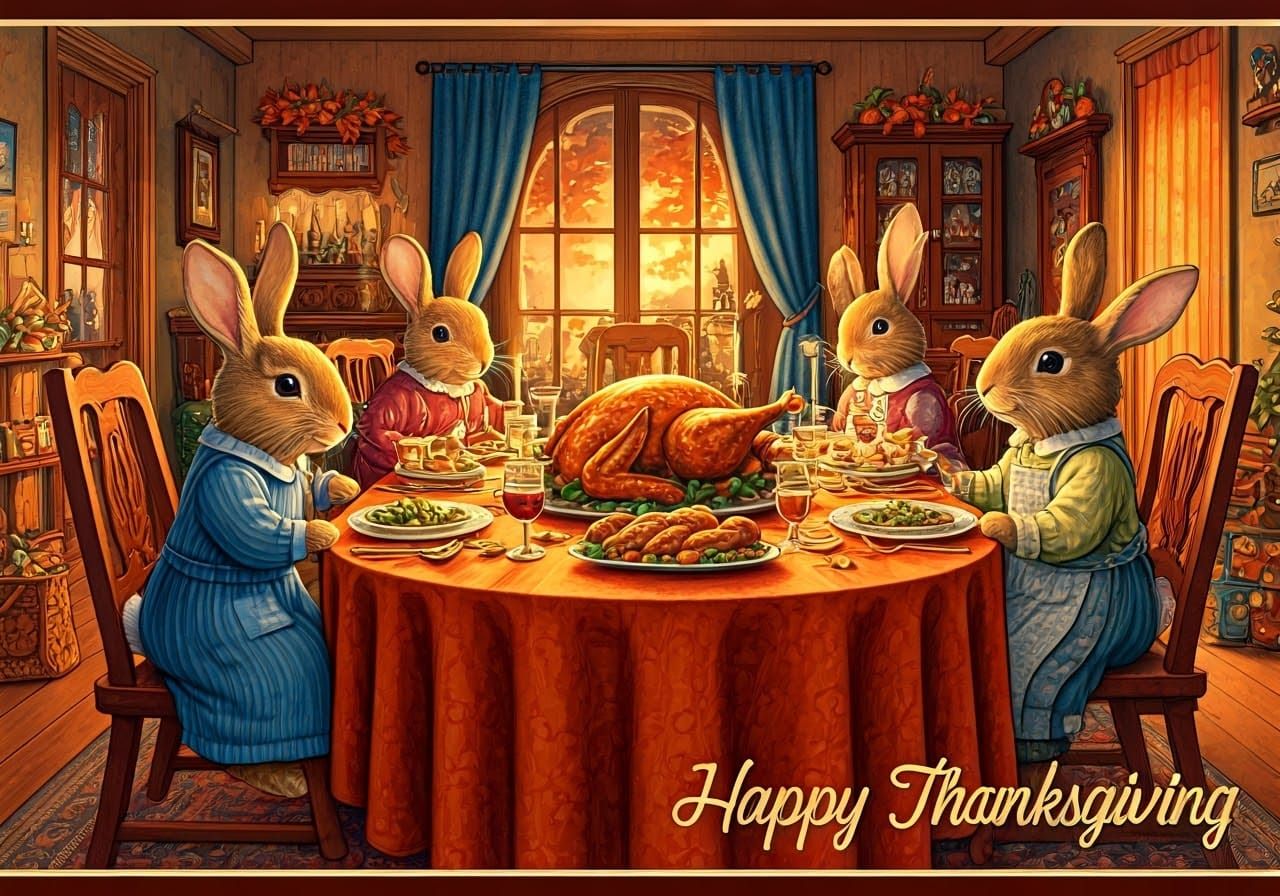 Rabbit Family Thanksgiving Dinner in Rockwell Style