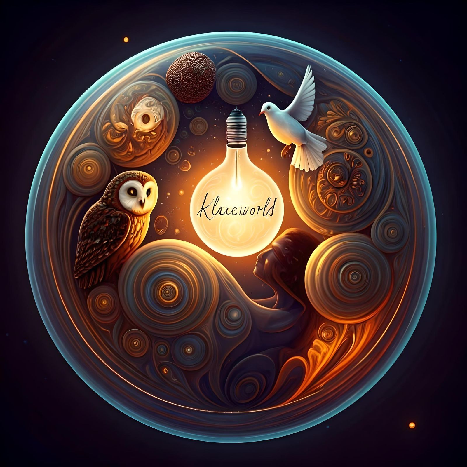 Abstract Globe with Human, Owl, Dove and Bulb