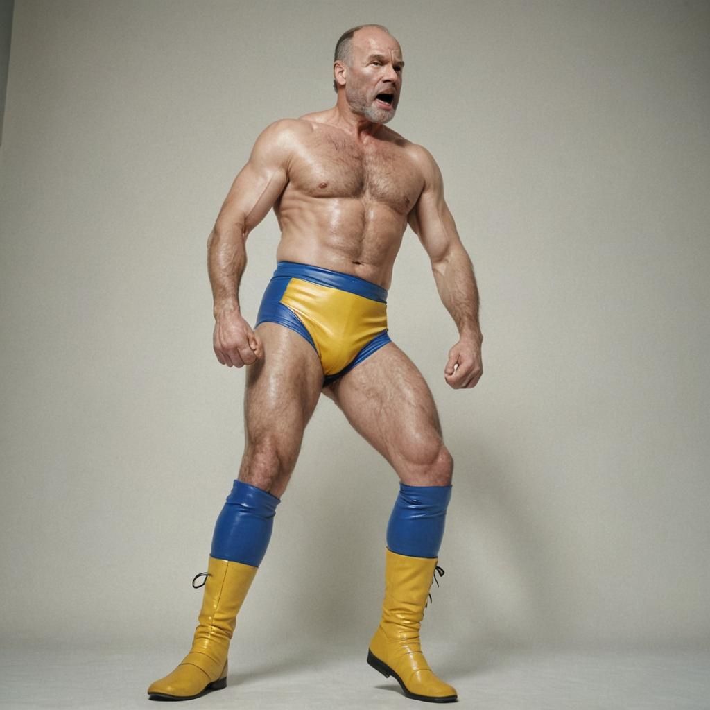 Energetic Wrestler in Yellow and Blue Spandex