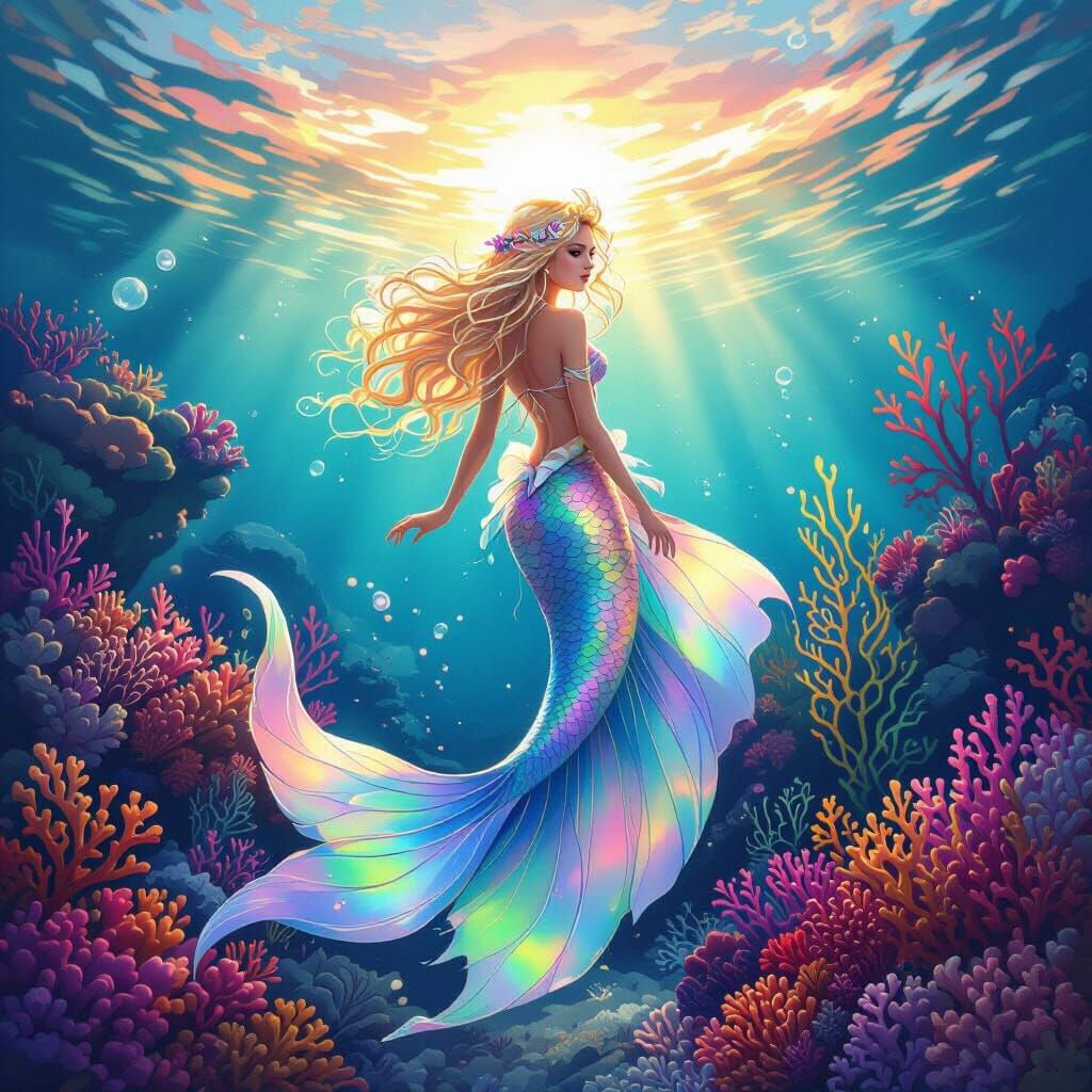 Mystical Mermaid Kingdom Under Coral Reef at Sunset