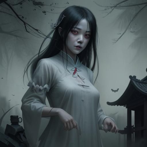 Sinister Chinese Ghost Girl in Yard