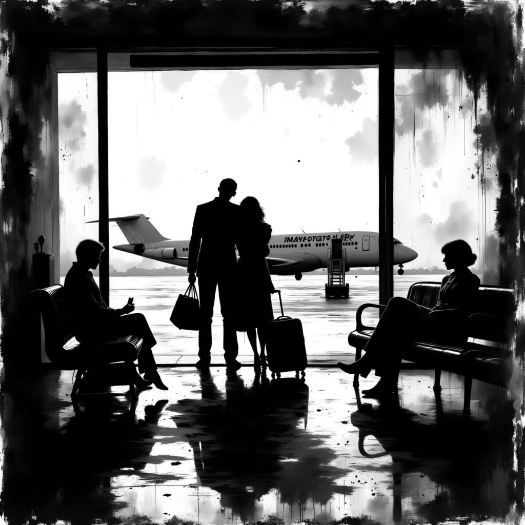 Airport Reunion: Silhouette Embrace in 50s Style