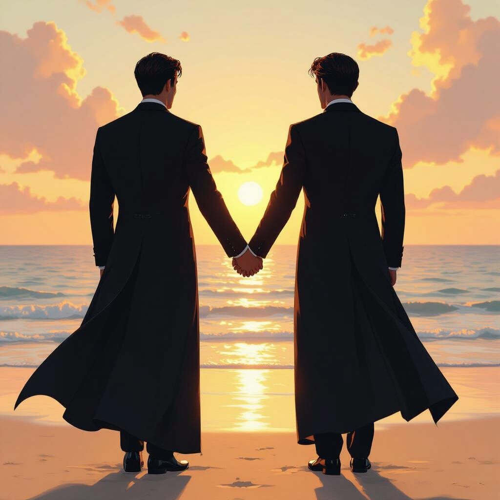 Men Holding Hands on Beach in Anime Style