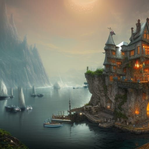 Fantasy Castle Cliffside Harbor: Detailed Matte Painting