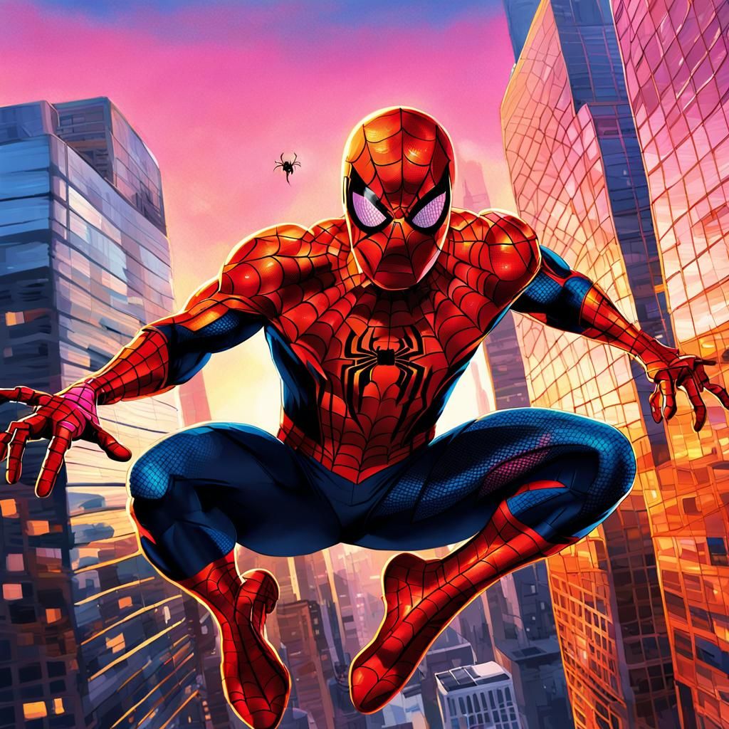 Spider-Man Swings Through City at Sunset