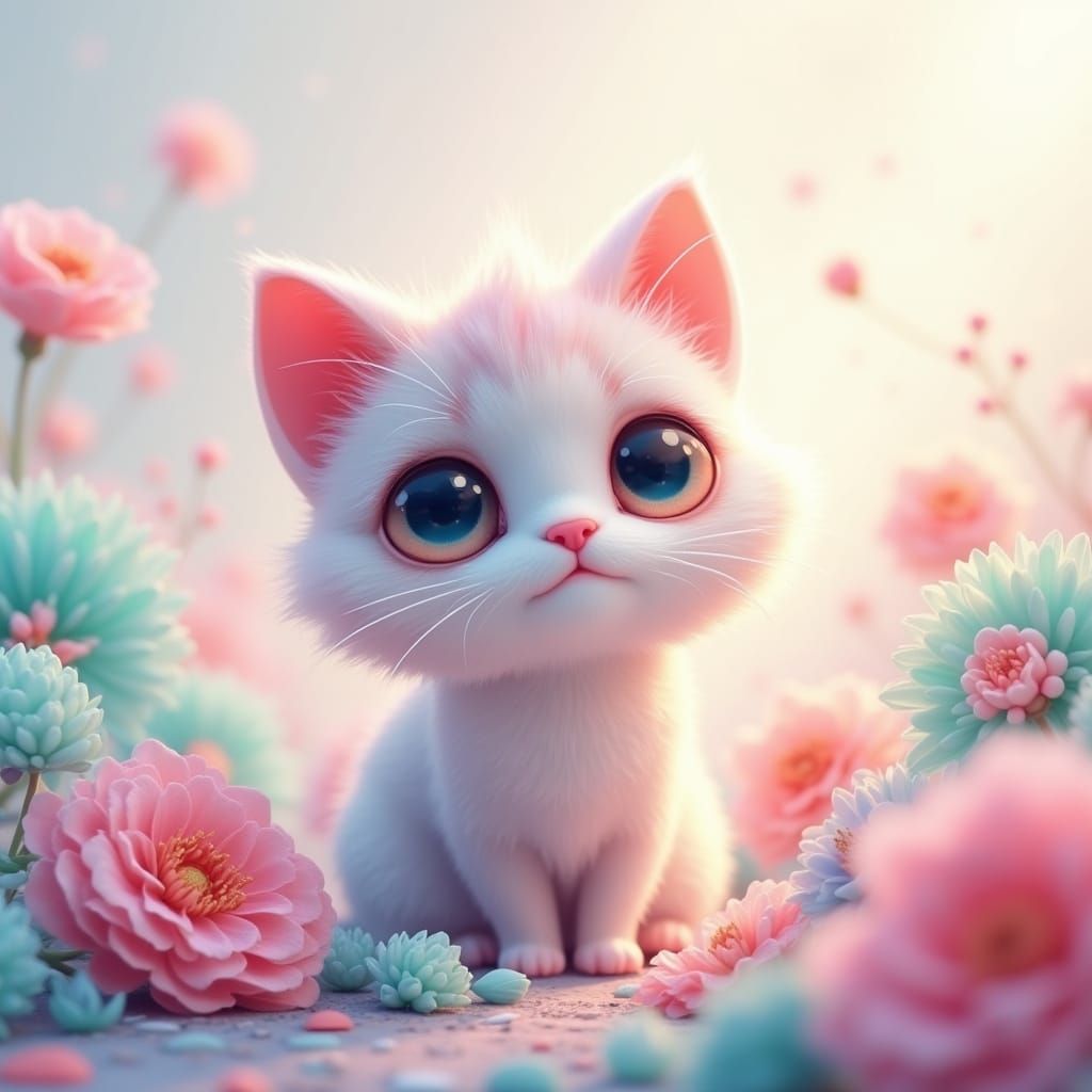 Whimsical Cat in Vibrant Fantasy Landscape