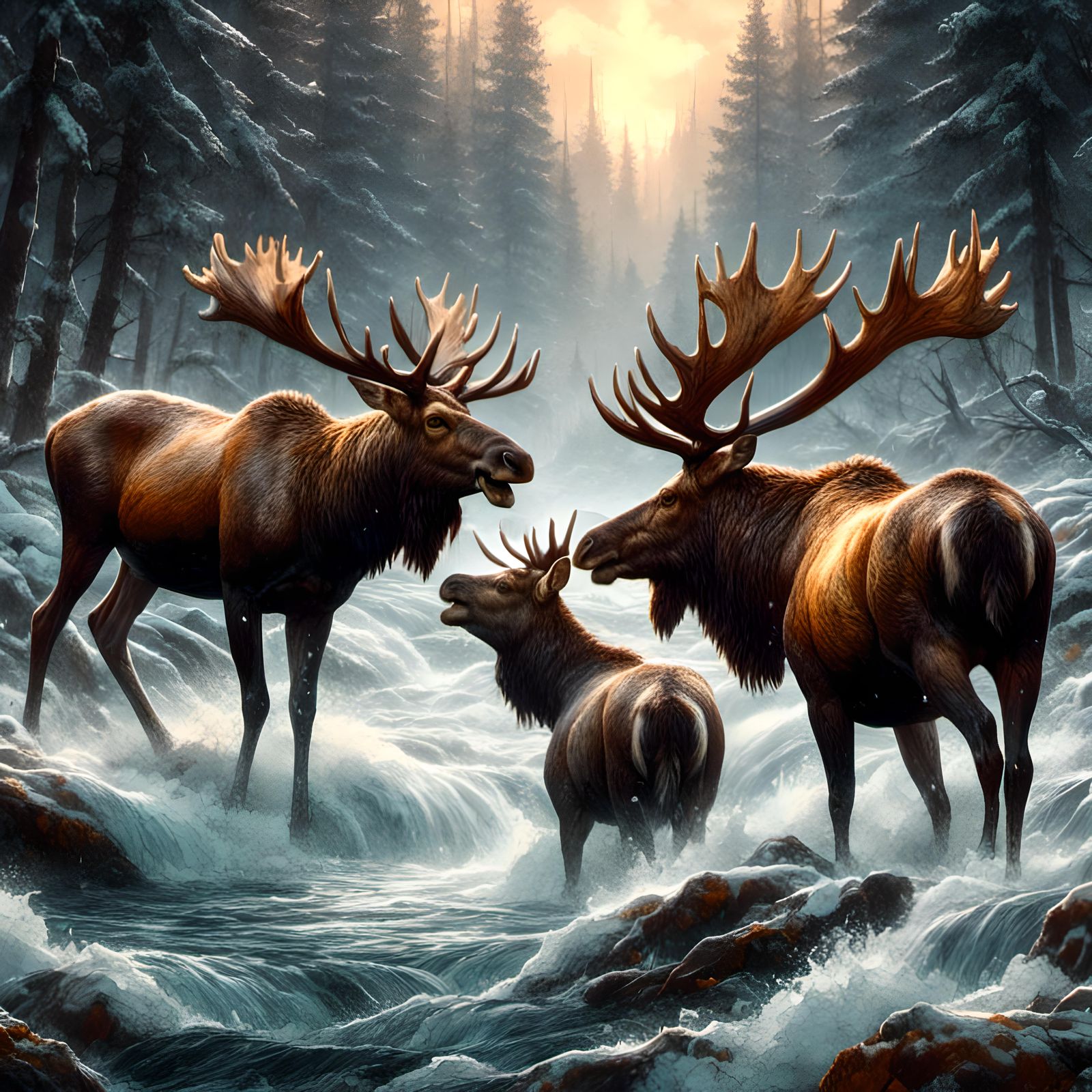 Moose Antler Battle in Northern Forest Stream