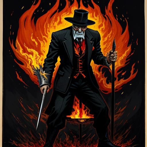 Man with Flaming Pitchfork in Dark Night