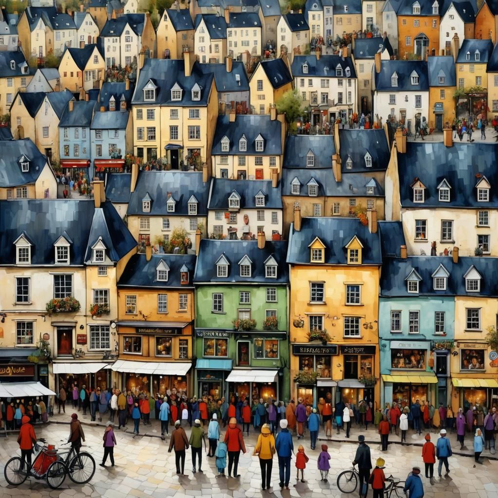 Colorful Town Landscape with People, Digital Oil Painting