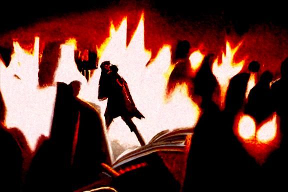 Librarian Defends Books from Mob in Fantasy Art Style