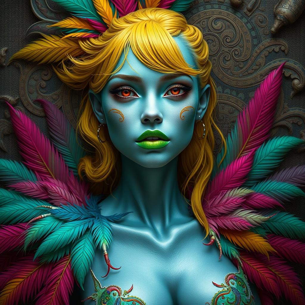 Silver Woman with Feathers: Fantasy Concept Art