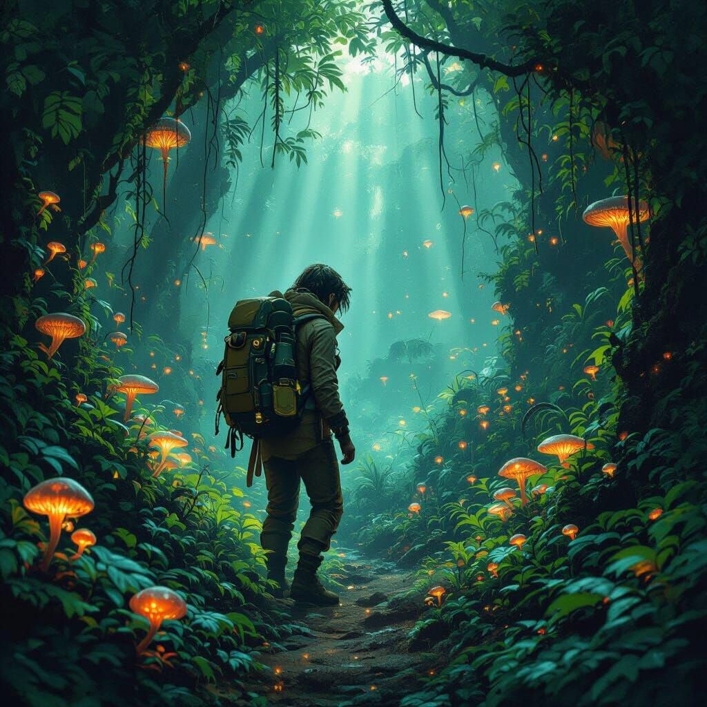 Bioluminescent Alien Jungle with Explorer, Painterly Style