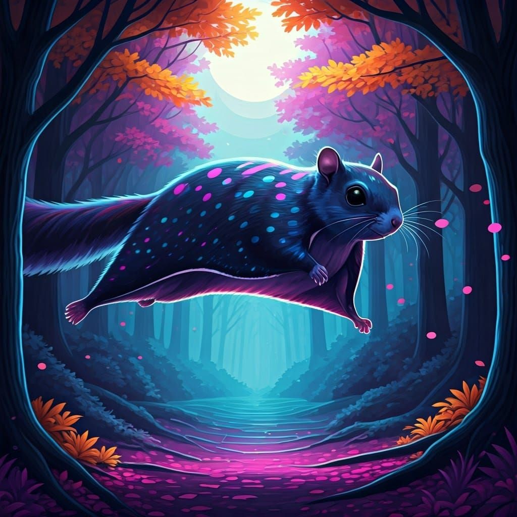 Neon Flying Squirrel Gliding Through Moonlit Forest