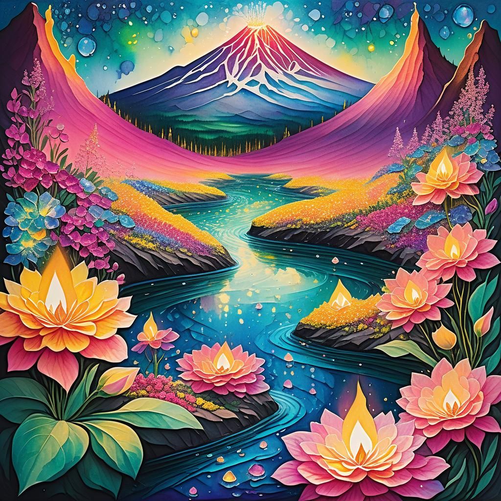 Iridescent Flowers Erupting from Crystalline Volcano