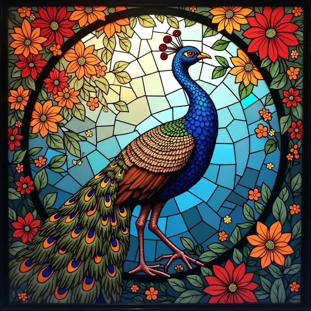 Vibrant Peacock in Impressionist Glass Mosaic