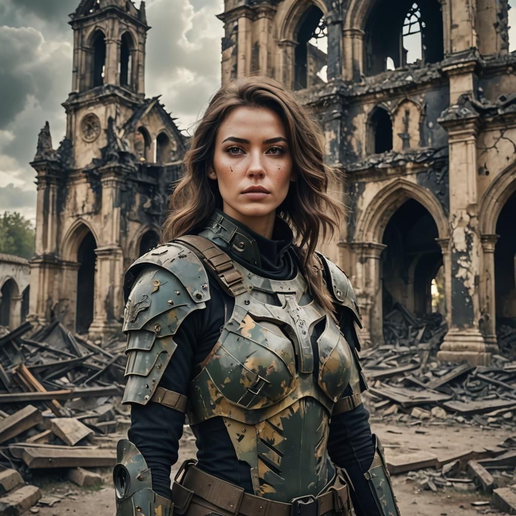 Woman in Combat Armor in Ruined Village