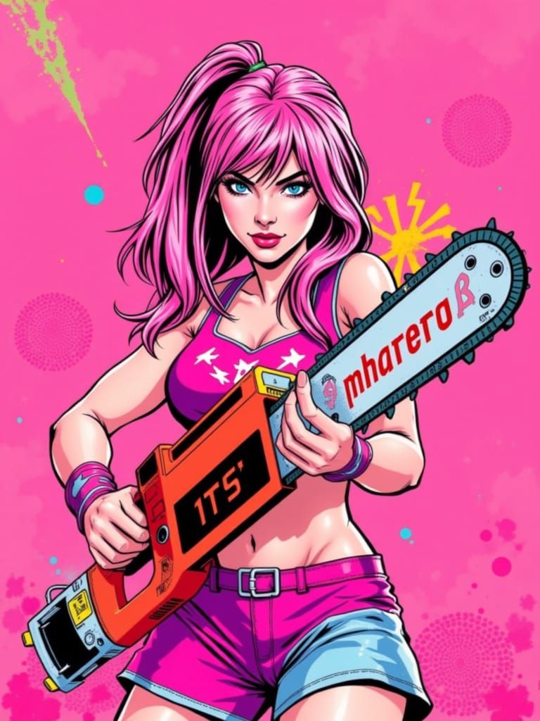 Pop-Art Cheerleader with Chainsaw