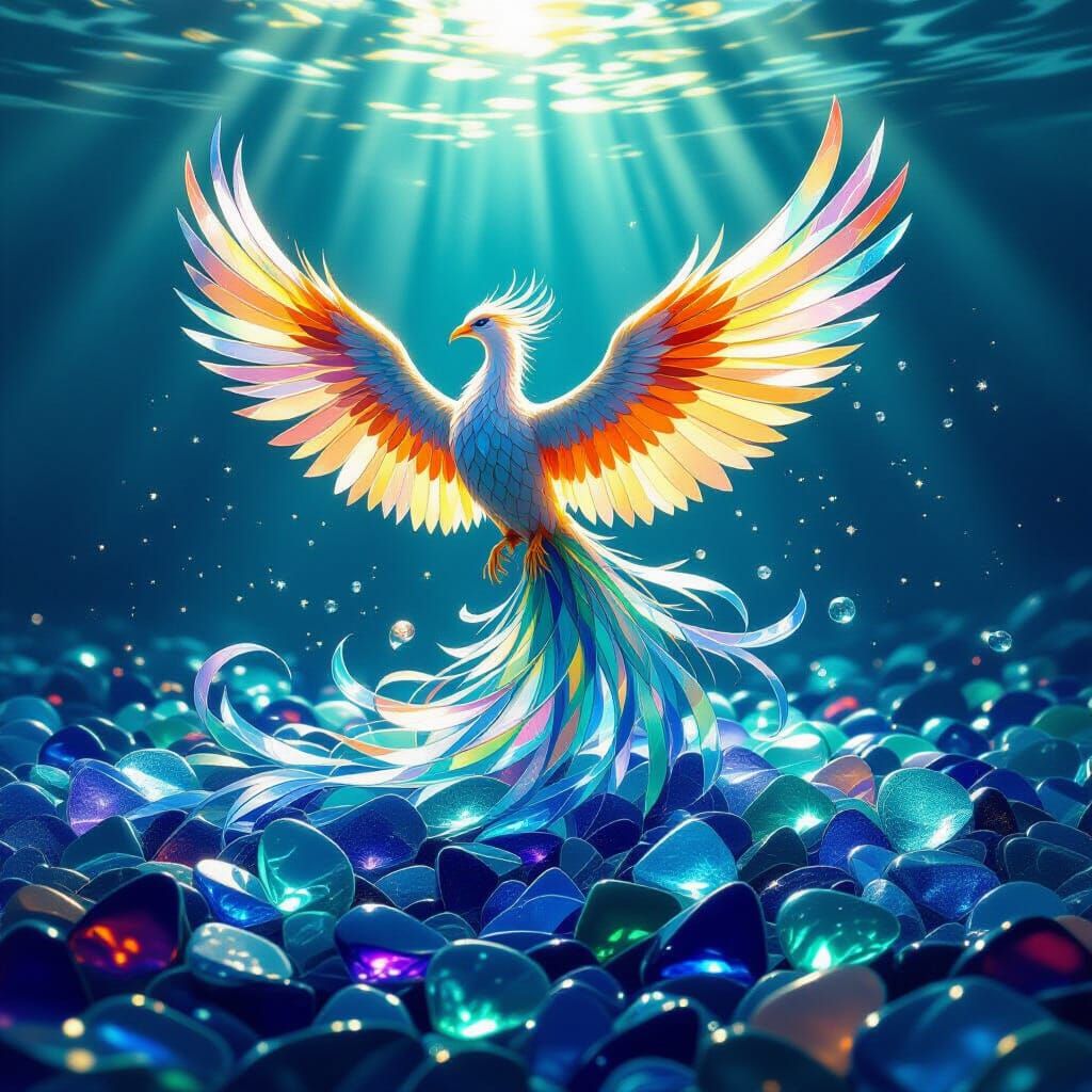 Majestic Phoenix Rises From Glowing Sea Glass Abyss