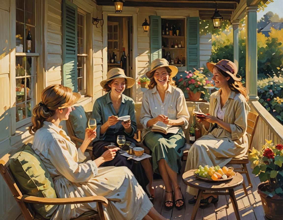 Impressionist Book Club Gathering on a Porch