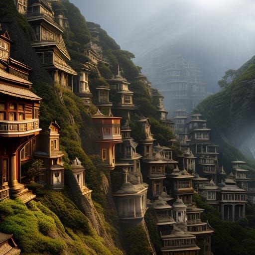 Steep Road Through Houses: Cinematic Digital Painting