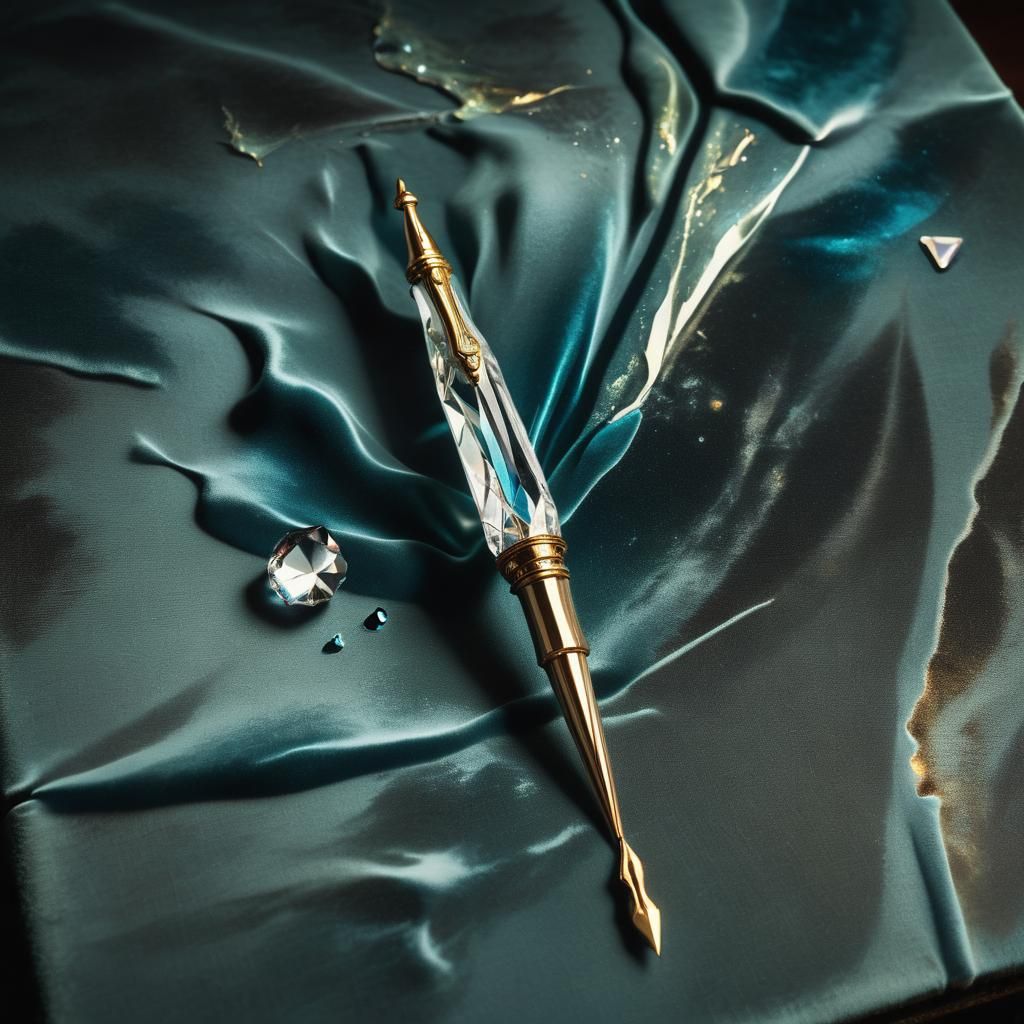 Surreal Crystal Pen on Velvet, Oil Painting Style