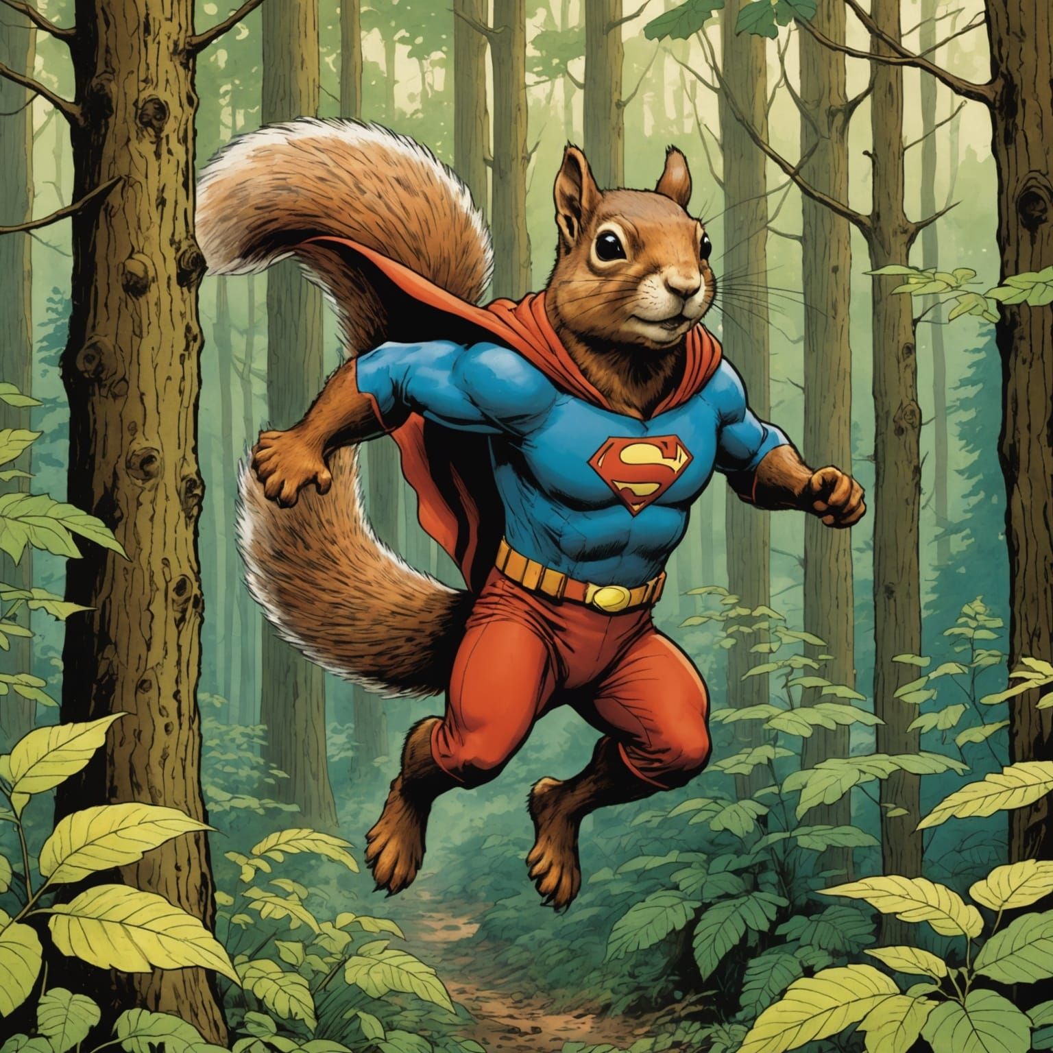 Superhero Squirrel Flies Through Forest, Comic Book Art