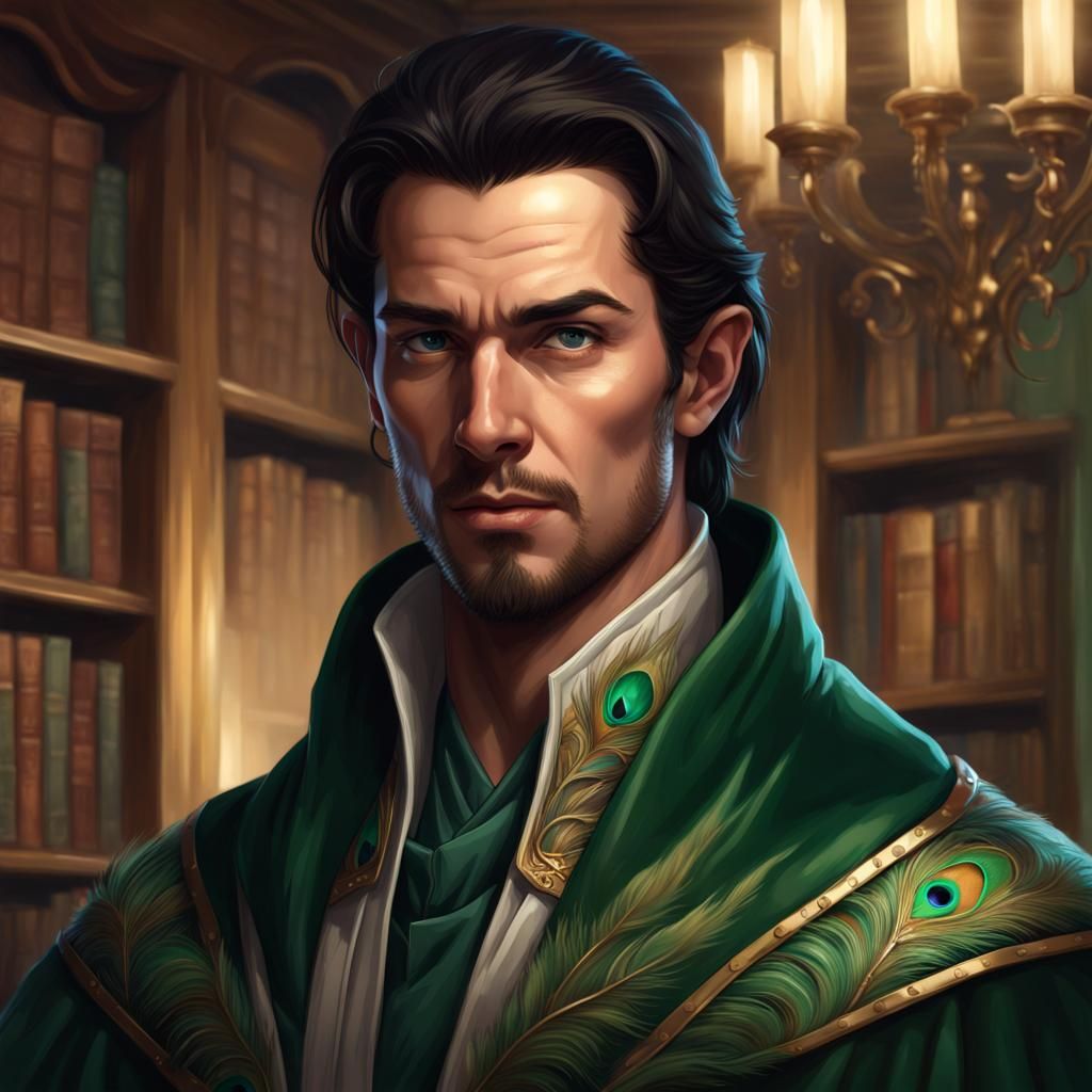 Suave Man in Emerald Robes with Peacock Feathers