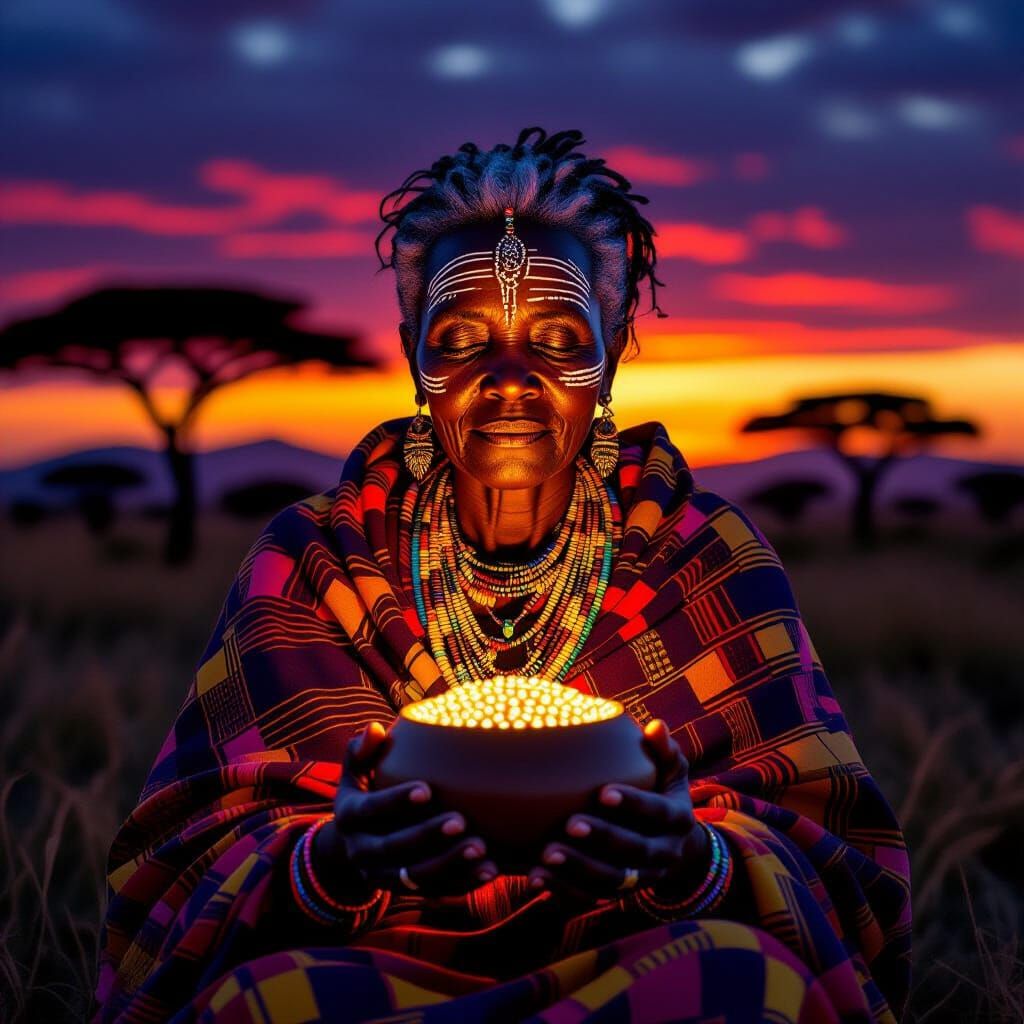 Maasai Herbalist with Glowing Seeds in Dramatic Light
