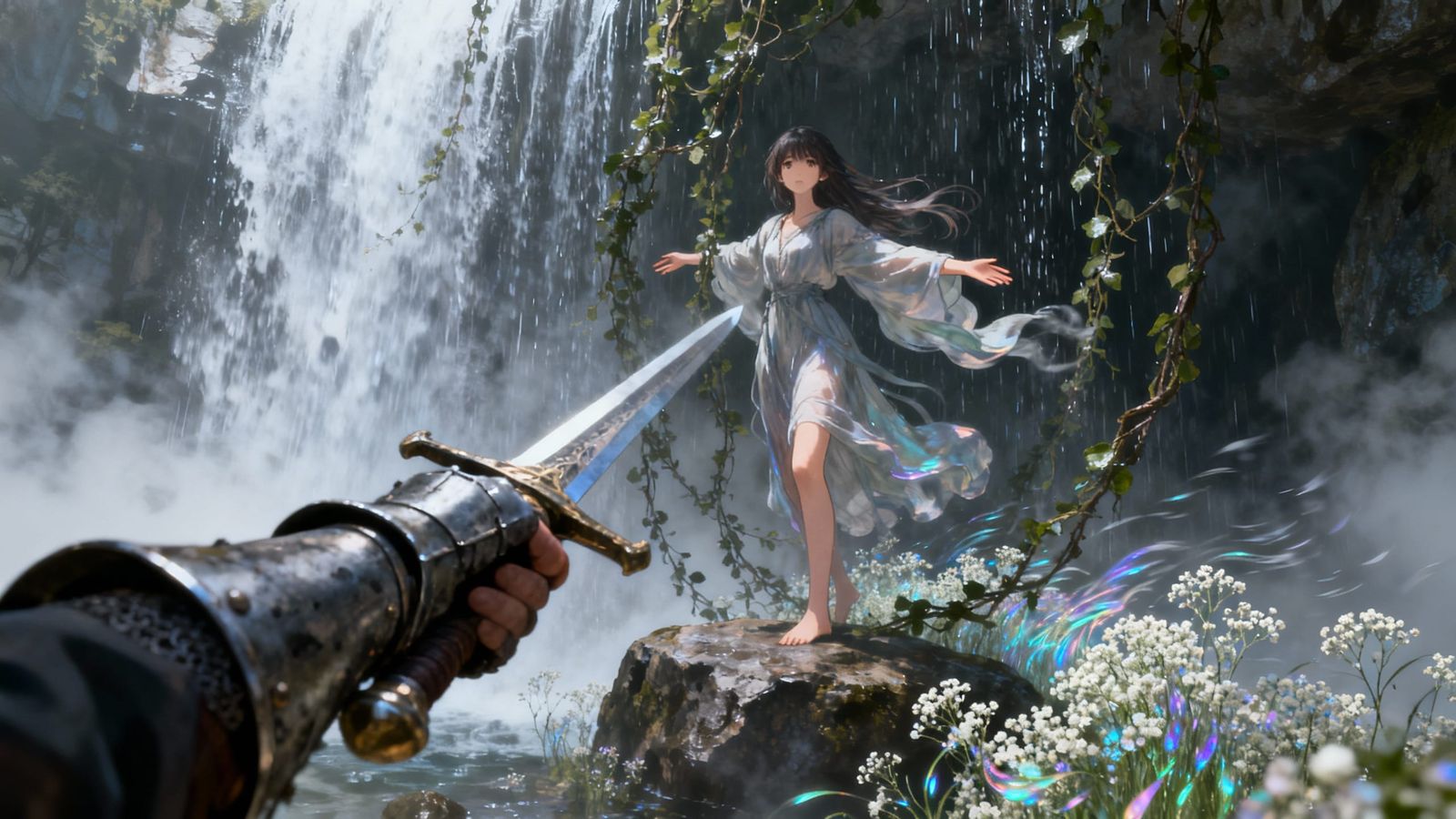 Knight's Sword Meets Anime Woman in Misty Waterfall