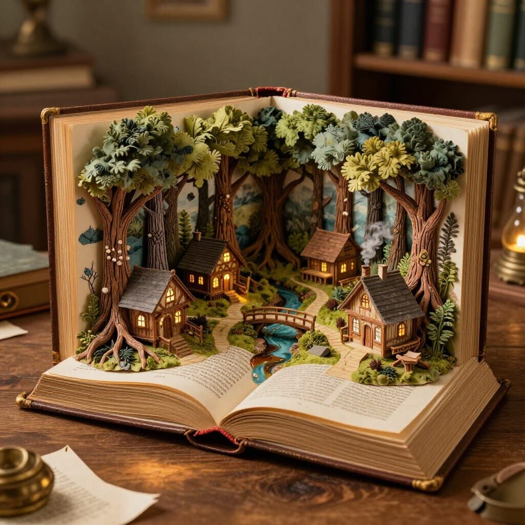 Enchanted Forest Village Diorama Inside Open Storybook
