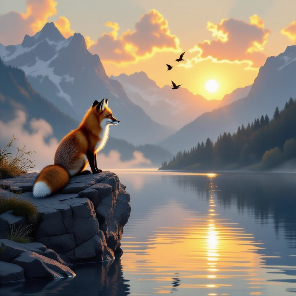 Majestic Fox at Sunset Over Shimmering Lake