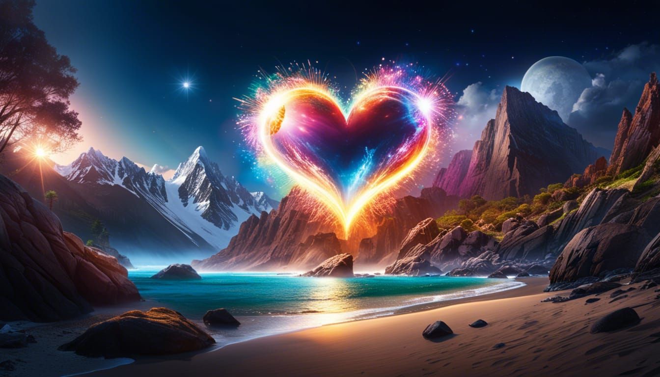 Mountain Village Fireworks Heart in Hyperrealism