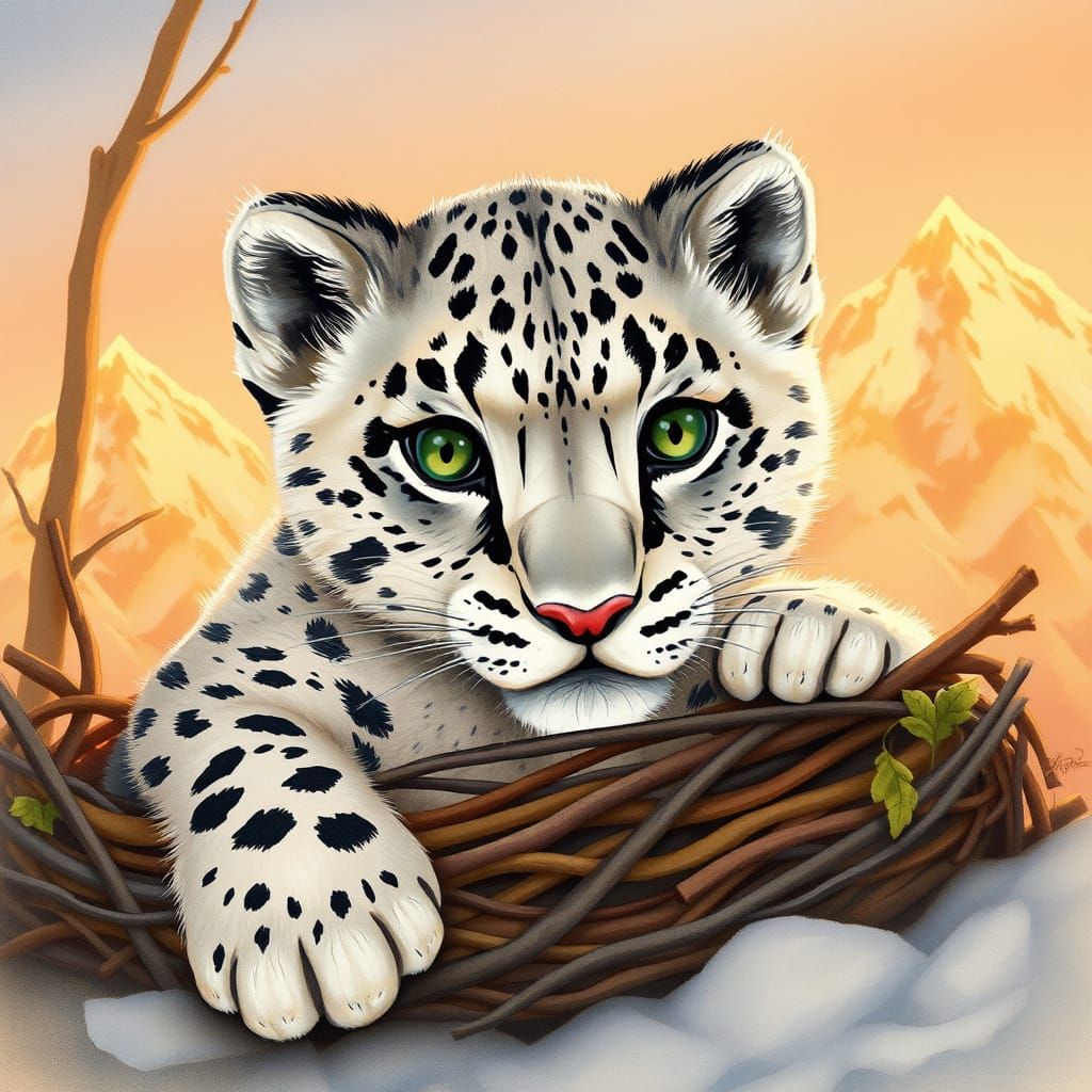 Whimsical Snow Leopard Cub in a Himalayan Sunset