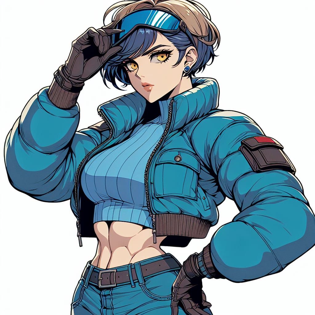 Anime Woman with Blue Hair and Ski Goggles