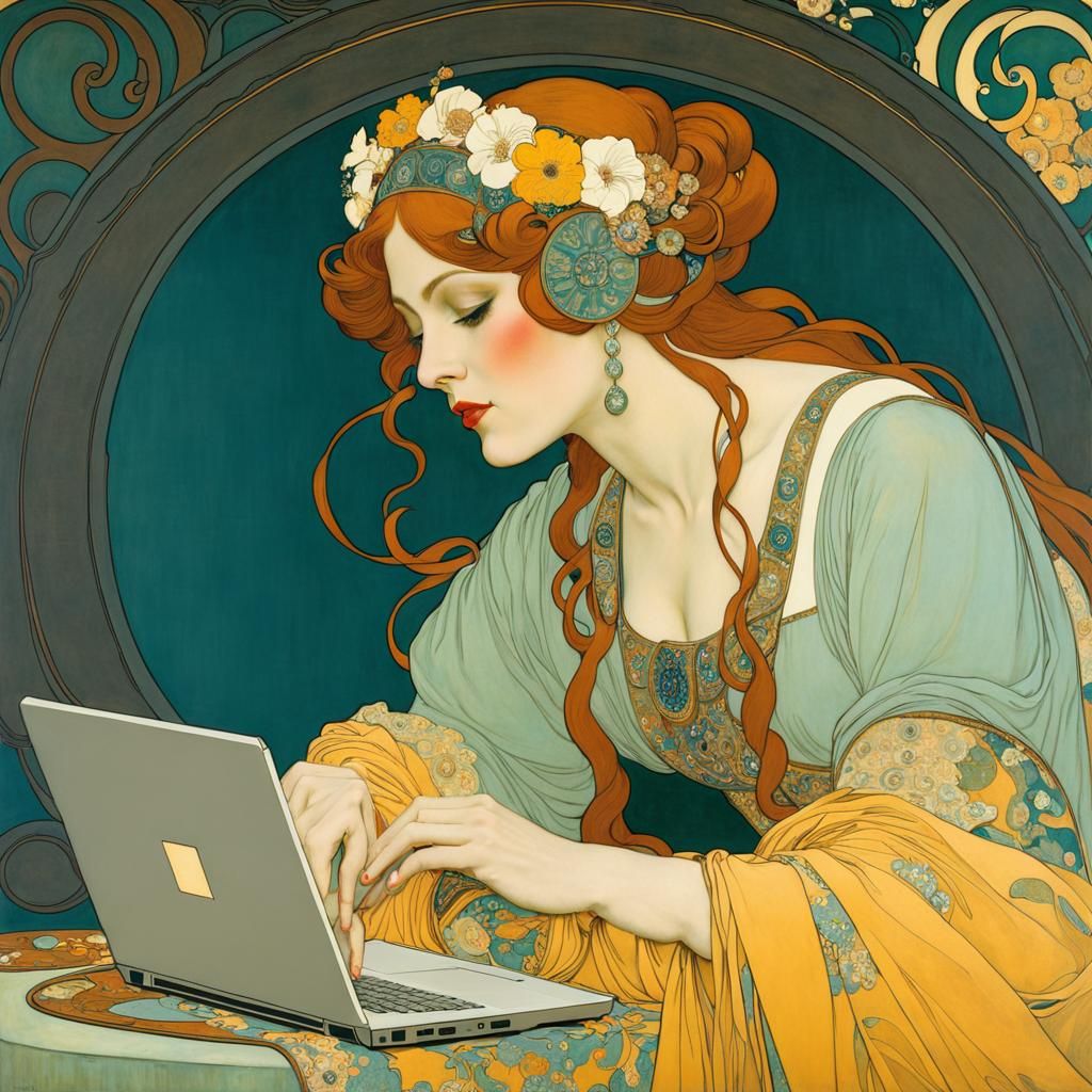 Art Nouveau Portrait of Woman with Laptop