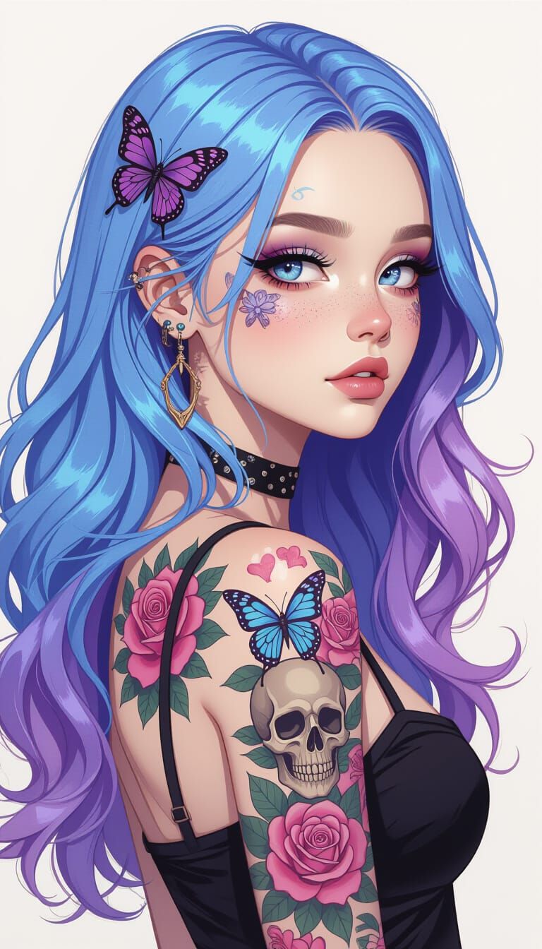 Boho-Gothic Woman with Tattoos in Digital Art Style