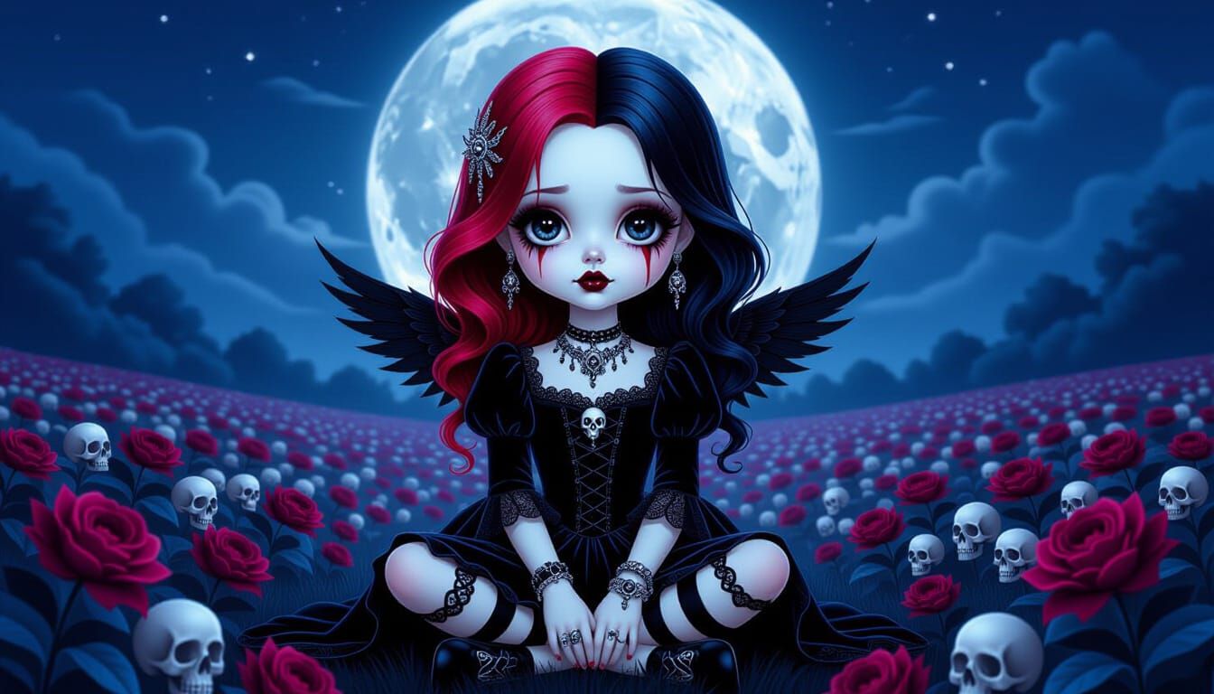 Gothling in Moonlit Field of Enchanting Flowers