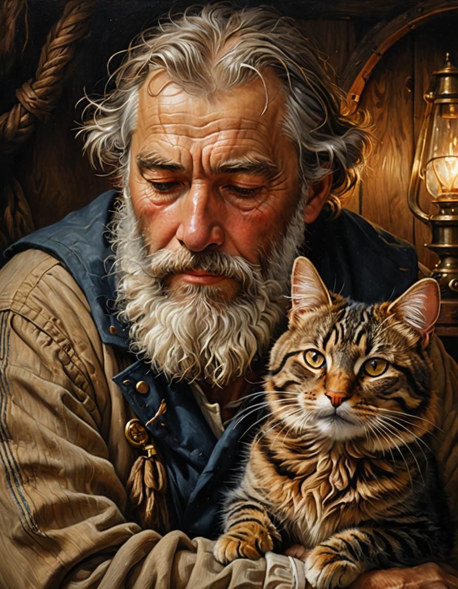Old Sailor with Sleeping Cat as Oil Painting