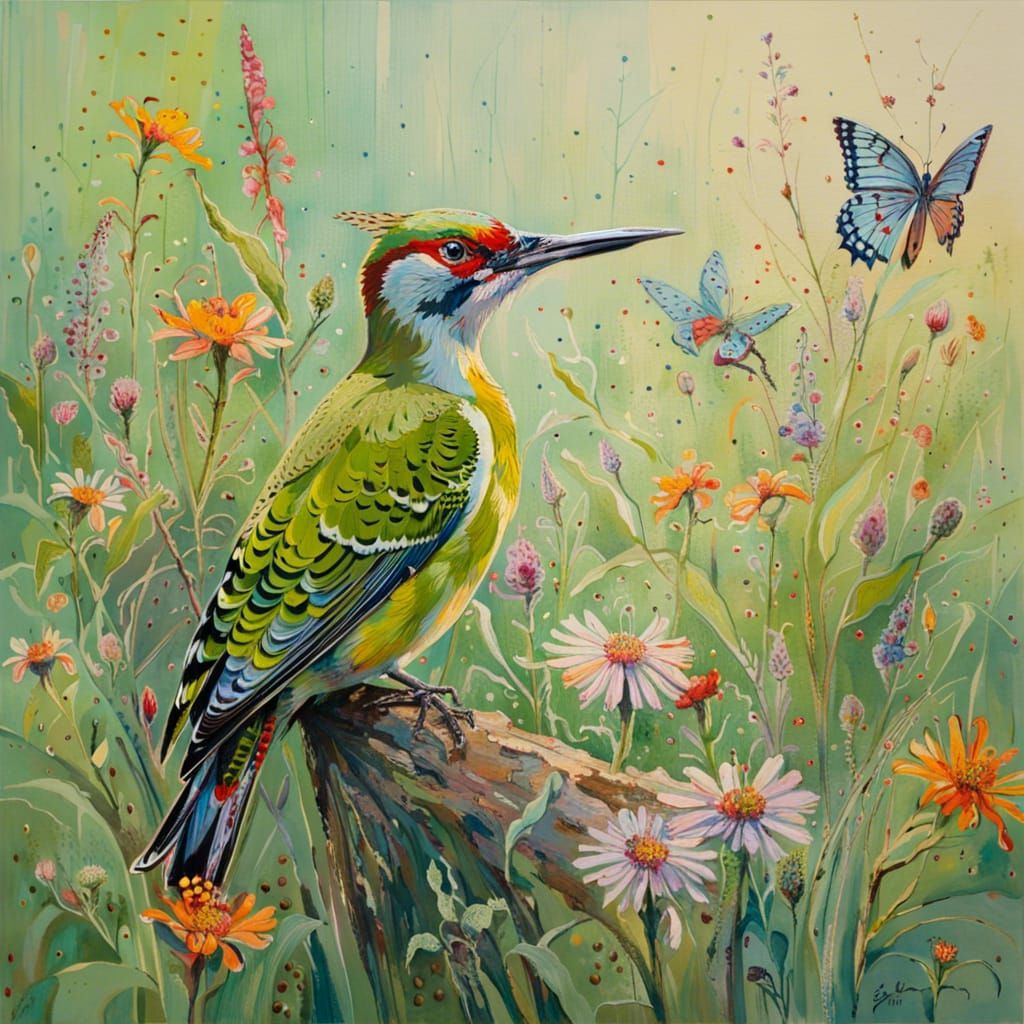 Green Woodpecker with Wildflowers and Butterflies