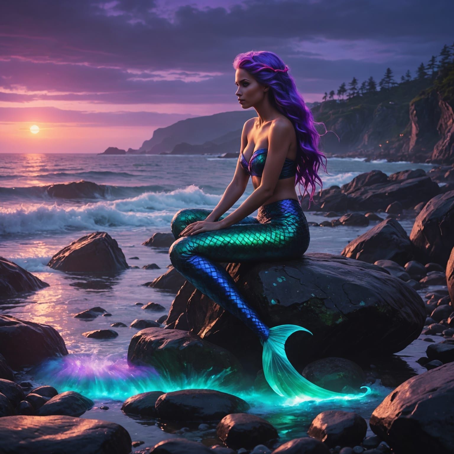 Neon Mermaid on the Rocks, Digital Painting