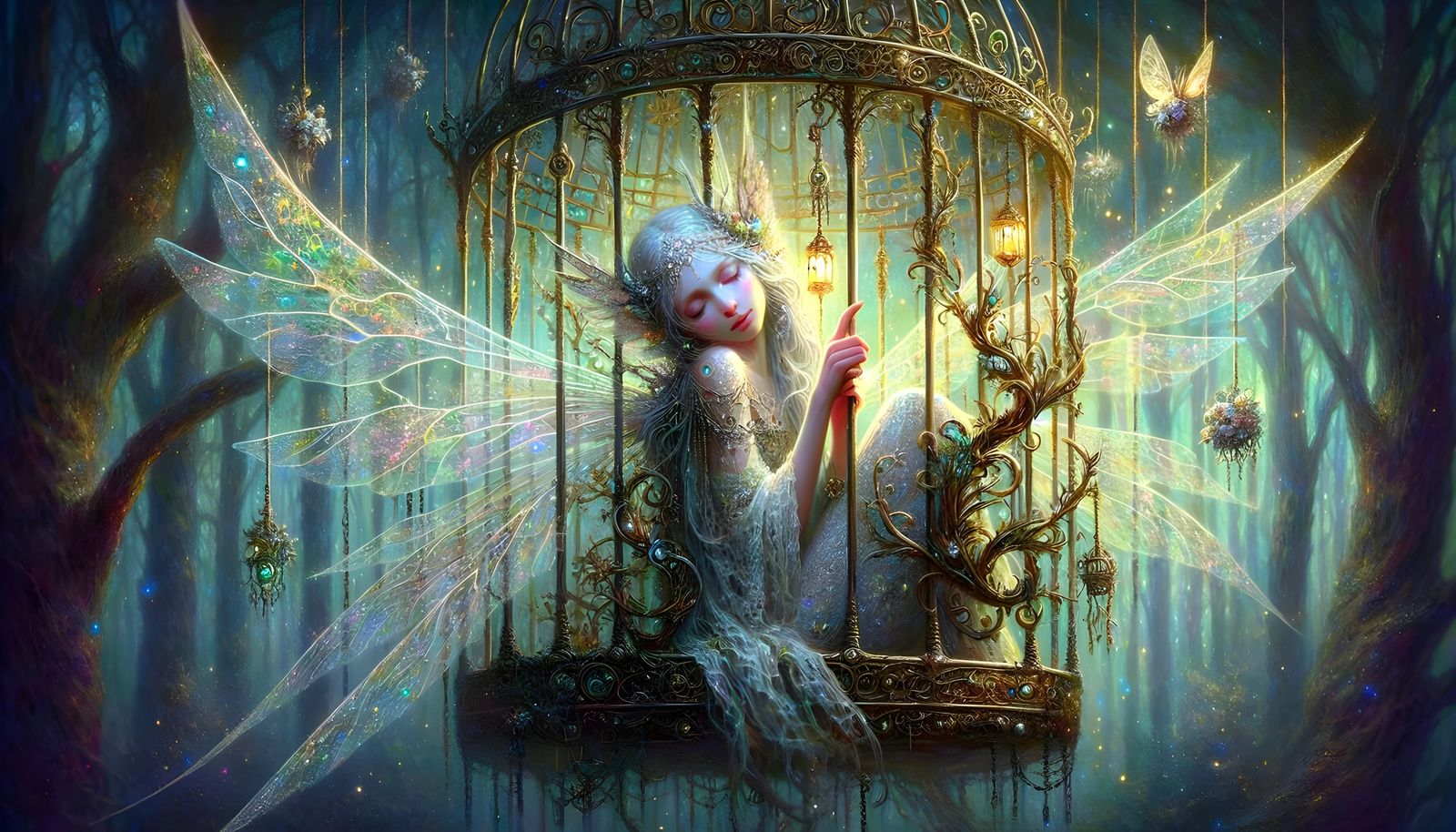 Ethereal Fairy Trapped in Ornate Birdcage in Mystical Forest