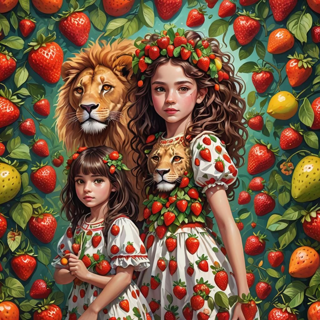Girl with Fruit Outfit and Lion, Digital Art